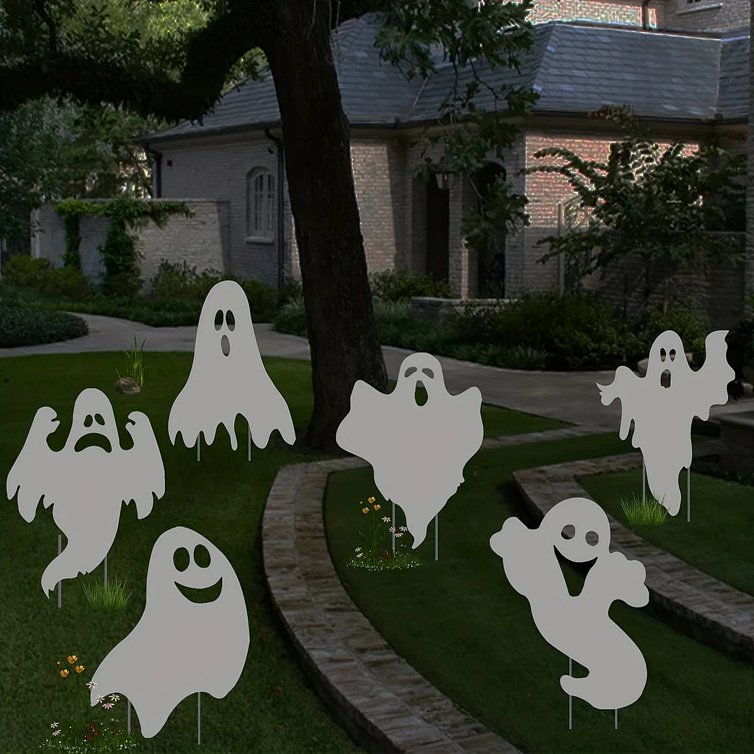 6 Pack Halloween White Ghost Yard Signs with Stakes