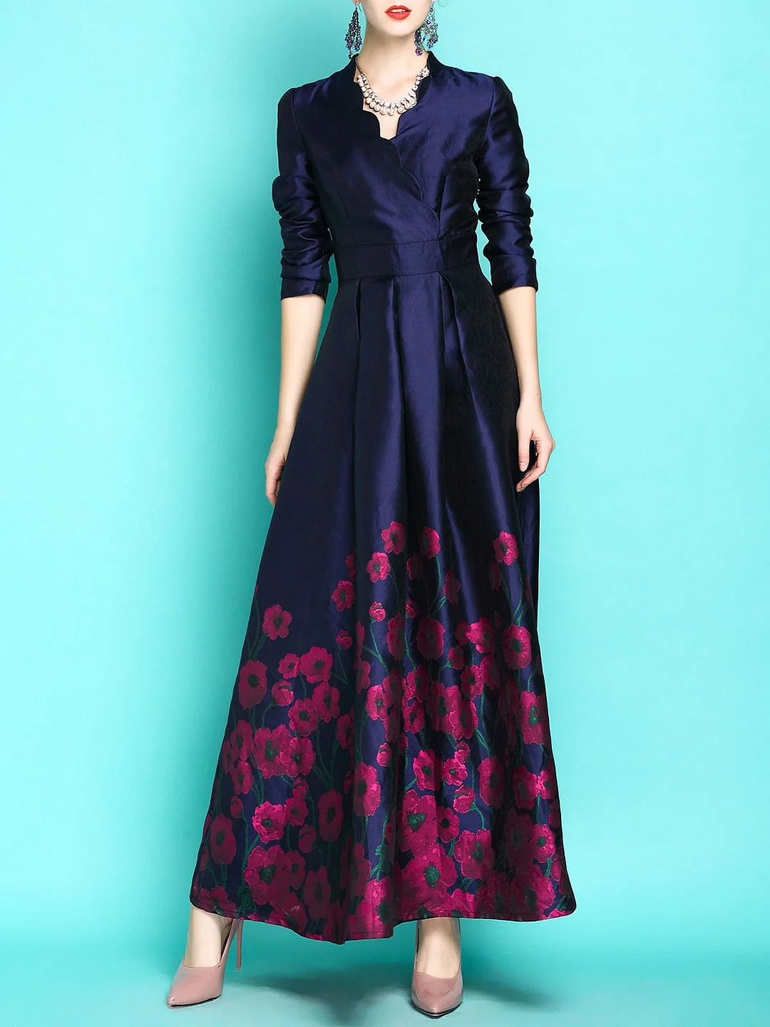 V neck Floral Printed Elegant Maxi Dress