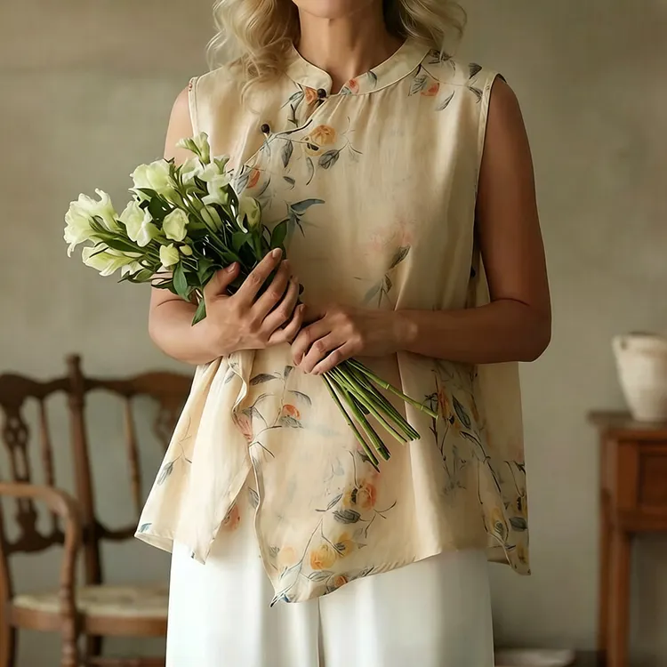 Women's Sweet Floral Asymmetrical Sleeveless Linen Blend Blouse