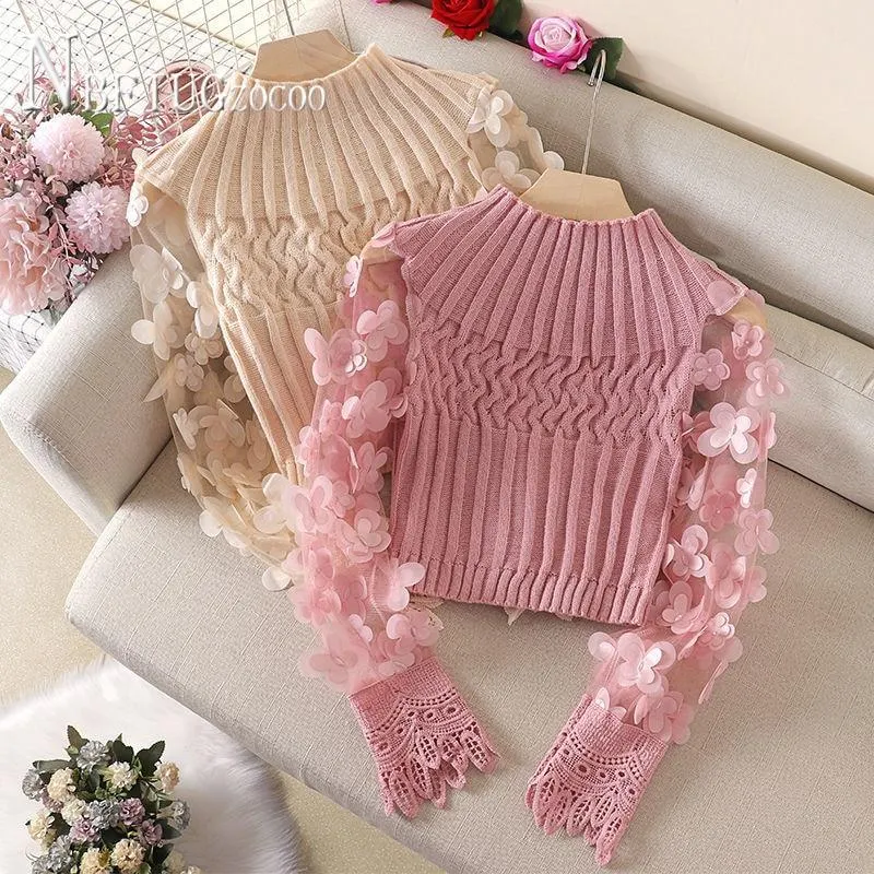 Fairy Flower Puff Sleeve Women Sweater Slim Short Style Patchwork Round Neck Knitting Female Sweaters