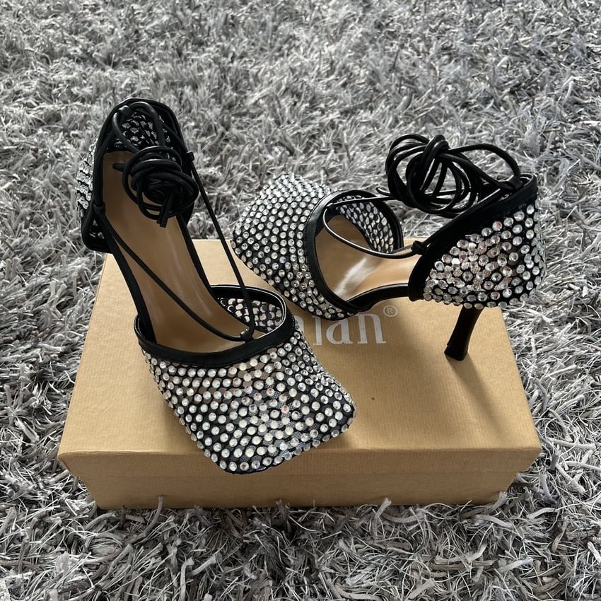 Sexy Black Crystal Lace Up High Heels Women Sandals Rhinestone Square Toe Designer Party Shoes Woman Ankle Strap Summer Sandals
