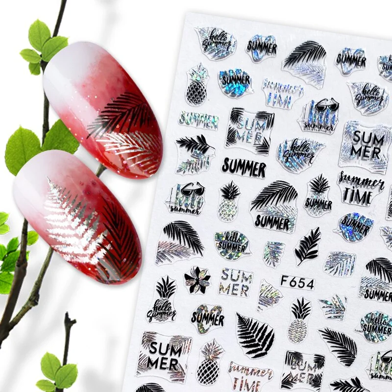 Summer Design 3D Stickers For Nails iridescent Black Gold Flower Leaf Series Decorations Sliders Nail Art Sticker Decals