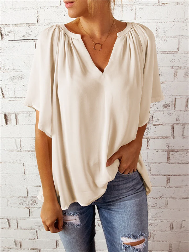 Summer New Loose Five-minute Sleeve T-shirt Ms. V-neck Pullover Solid Color Blouse-Cosfine