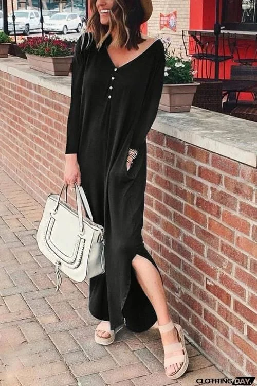 Button Side Slit Long Sleeve Maxi Dress