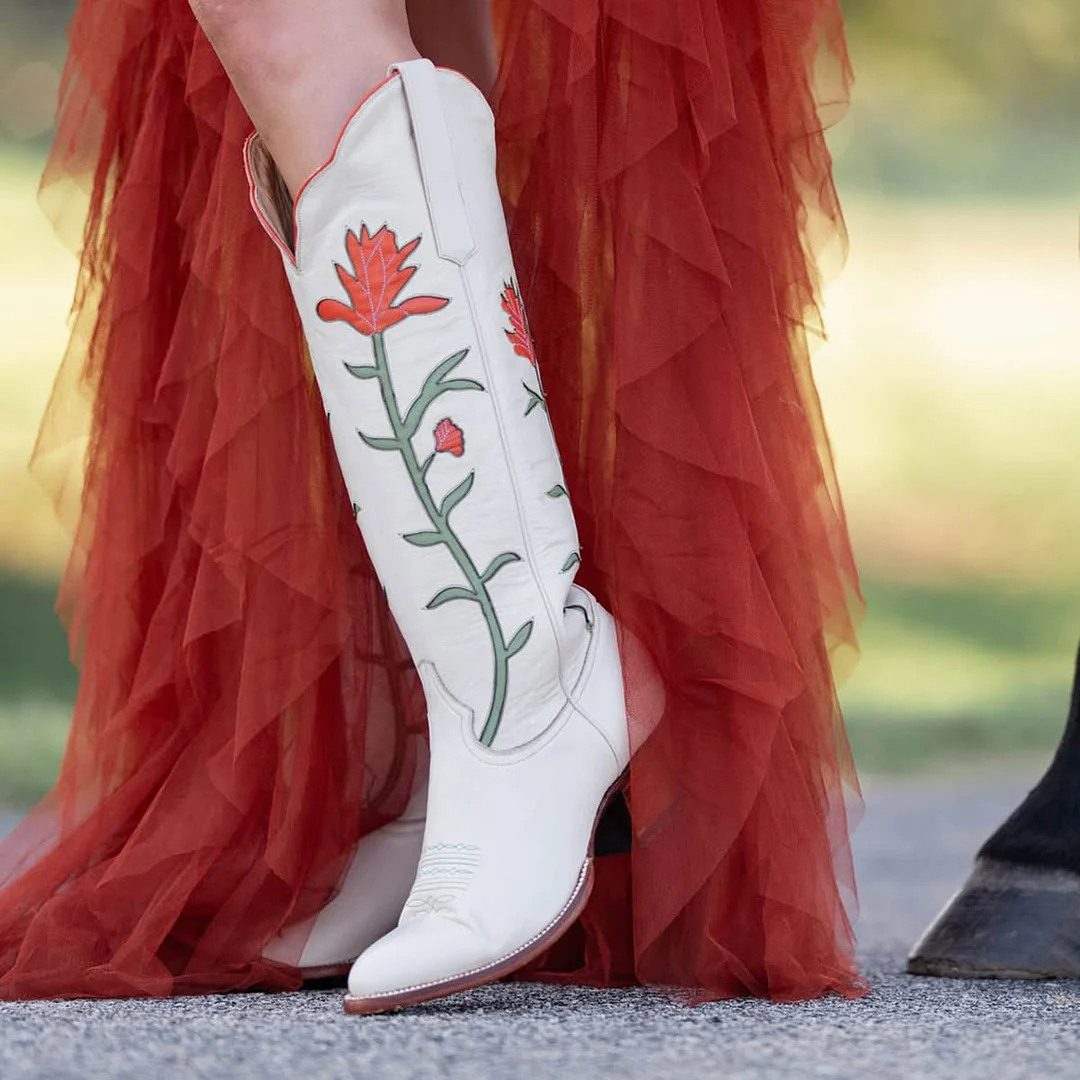 YDN Women's White Chunky Heel Knee High Flower Cowboy Boots