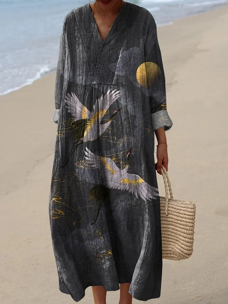 Japanese Crane Migration Art Printed Women's Dress
