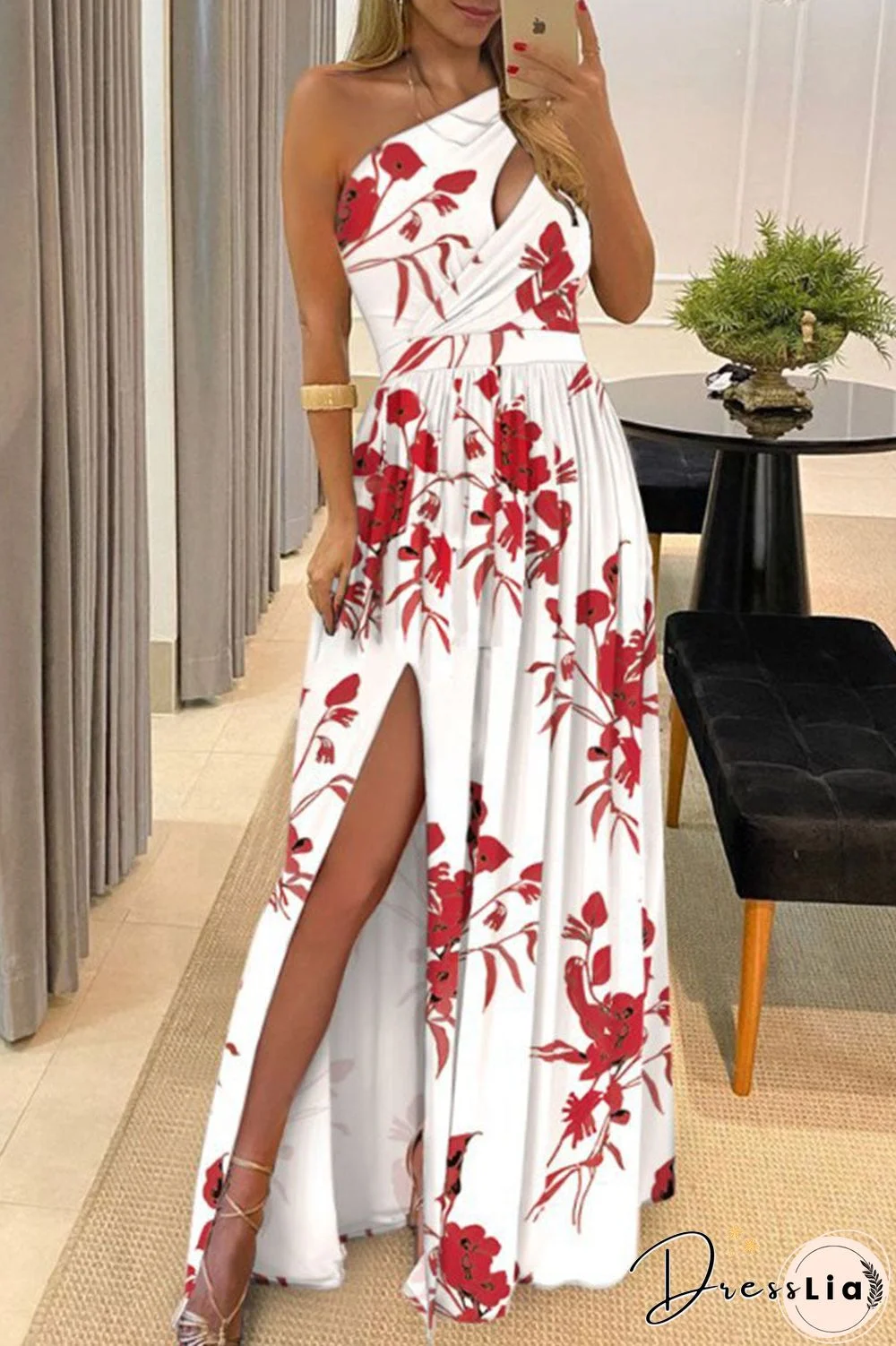 Casual Print Split Joint Slit Oblique Collar Straight Dresses(9 Colors)