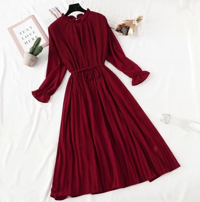 2020 Elegant Women Print Chiffon Dress Long sleeve Lotus leaf collar Pleated Dress Female Casual Midi Dresses vestidos mujer