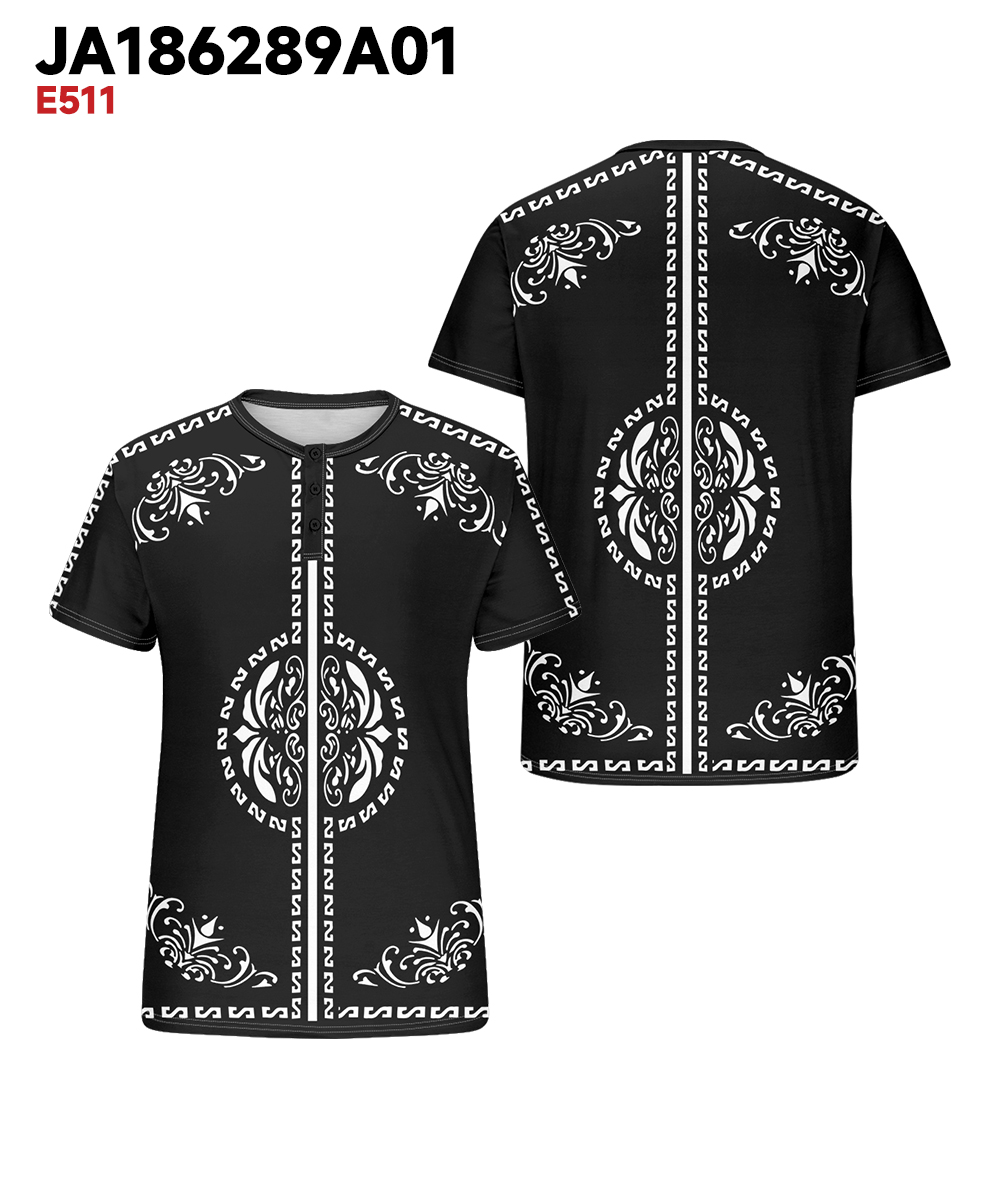 Men's Plus Size Casual Daily Black Vintage Pattern Printed Henry Collar Button Short Sleeve T-Shirt