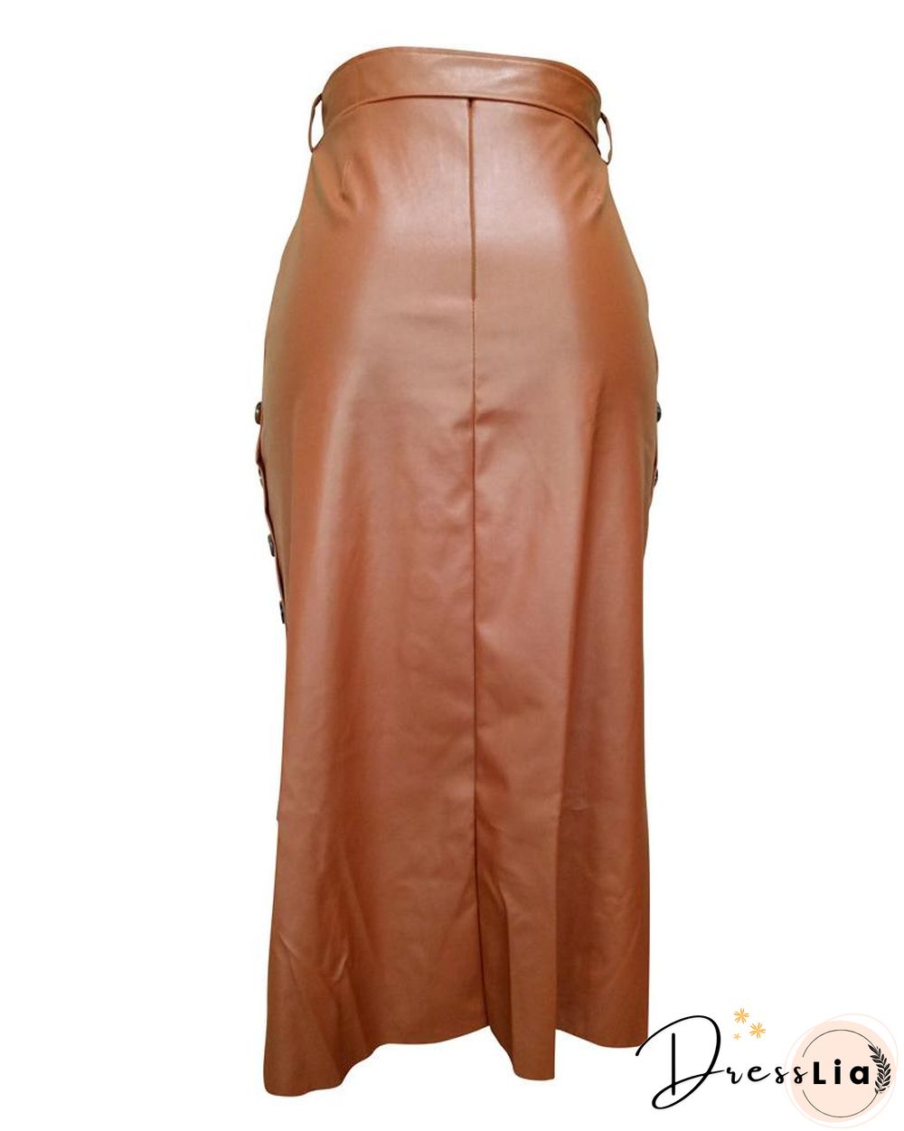 Buttoned Slit PU Leather Midi Skirt P10427