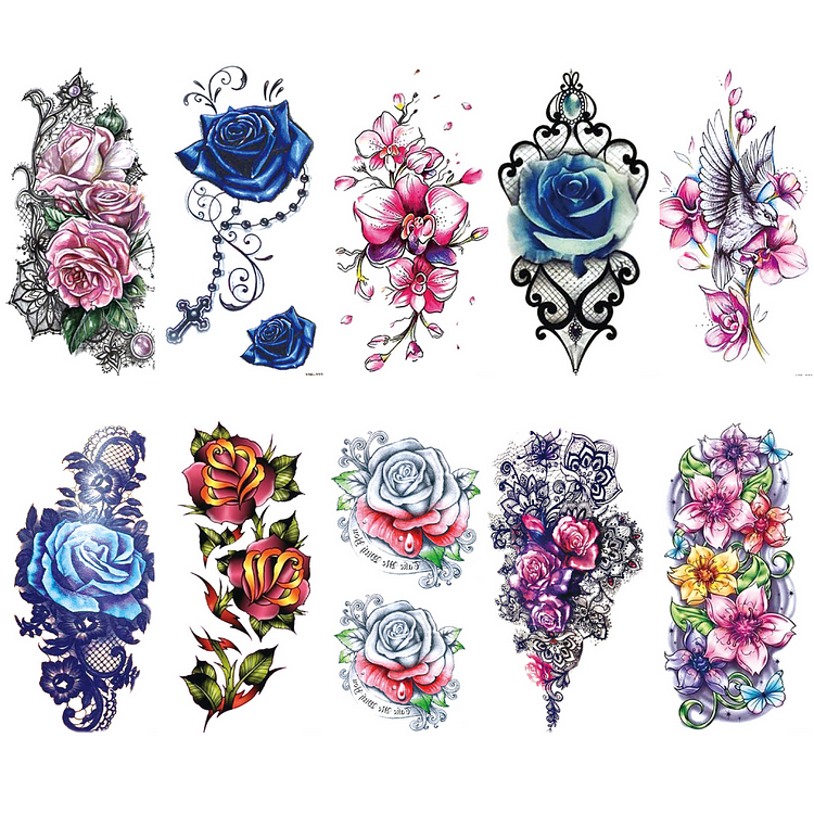 10 Sheets Beauty Flower Rose Half Arm Waterproof Temporary Tattoo Body Art Arm Sleeve Water Transfer Fake Women Decoration Sticker