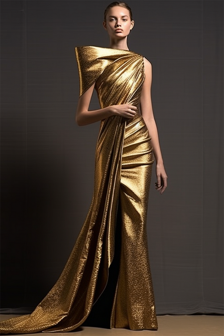 Evening One Shoulder Cape Robe Maxi Dress-Gold [Pre-Order]