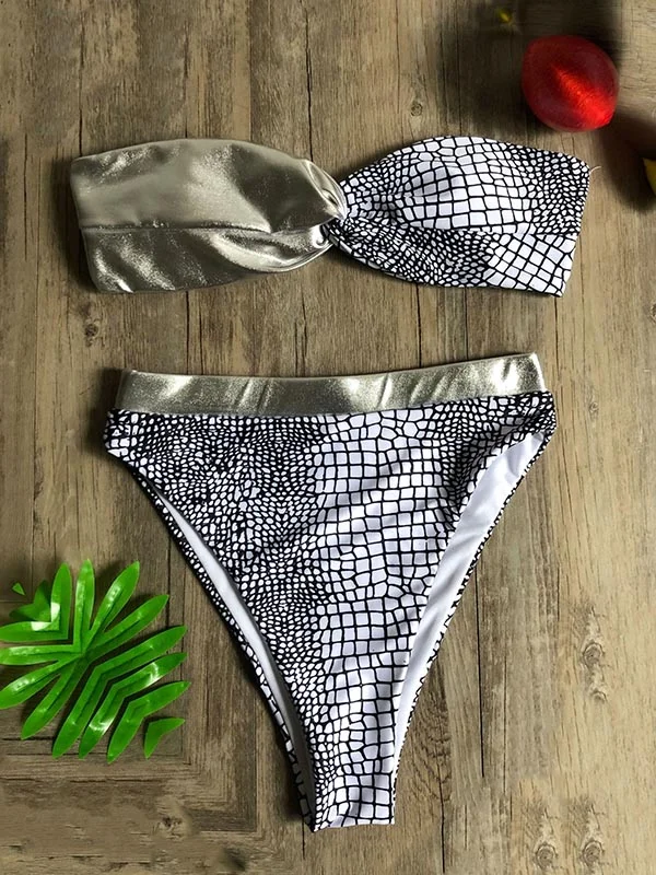Leopard Print Asymmetric Split-Joint Bandeau Split Bikini Swimsuit