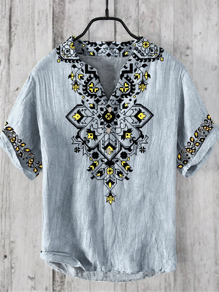 Vintage Ethnic Floral Pattern Linen V-Neck Shirt