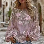 Women's Vintage Pink Flower Embroidery Art Round Neck T-shirt - Image 2