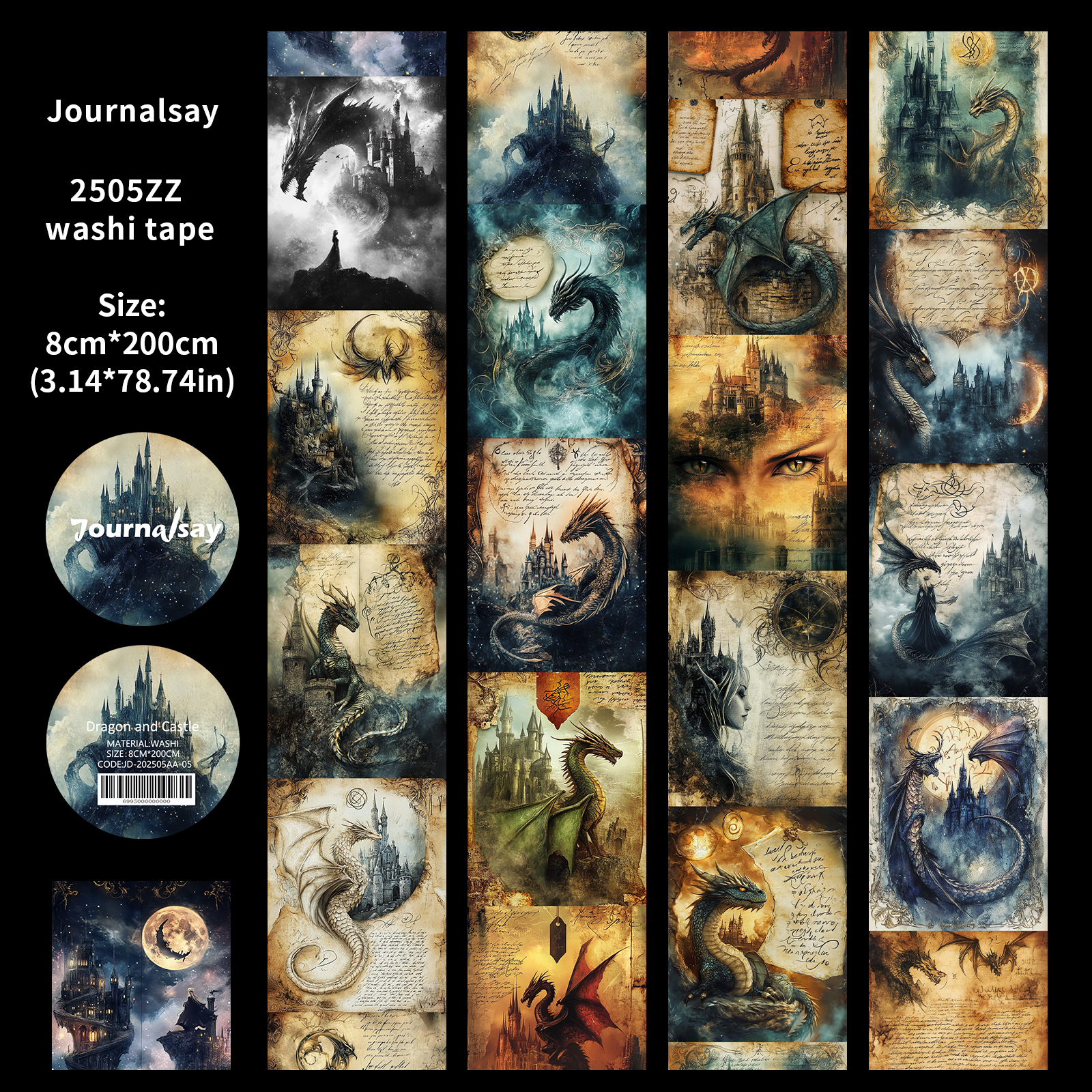 Washi Tape - 80mm*200cm Vintage Dark Dragon Castle Landscape 