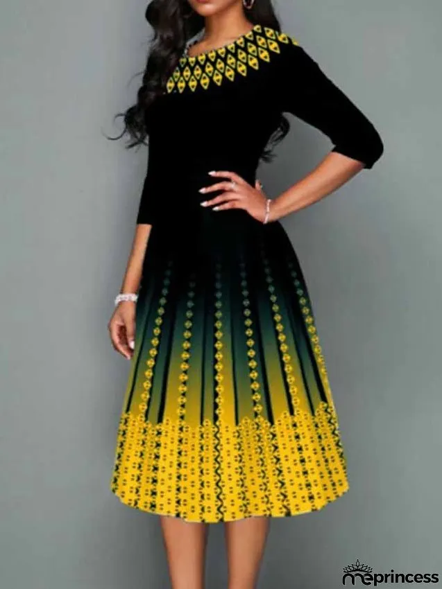 Work Dress Swing Dress Church Dress Midi Dress Red Royal Blue Blue 3/4 Length Sleeve Print Print Summer Spring Crew Neck Elegant S M L XL XXL 3XL 4XL 5XL for Women