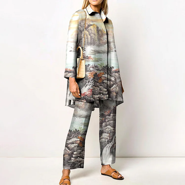 Fashion Landscape Print Shirt Two Piece Set