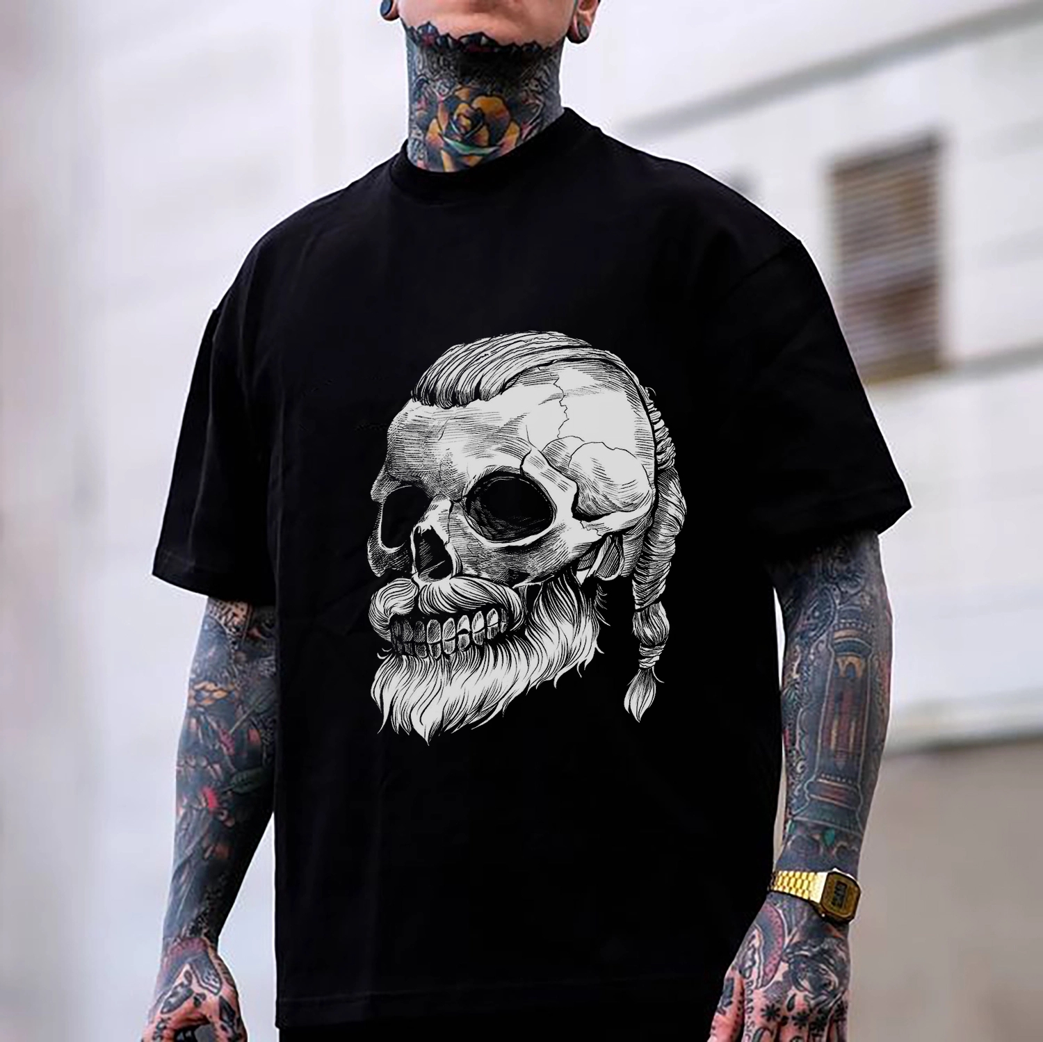 VIKING STYLE SKULL WITH BEARD GRAPHIC PRINT T-shirt