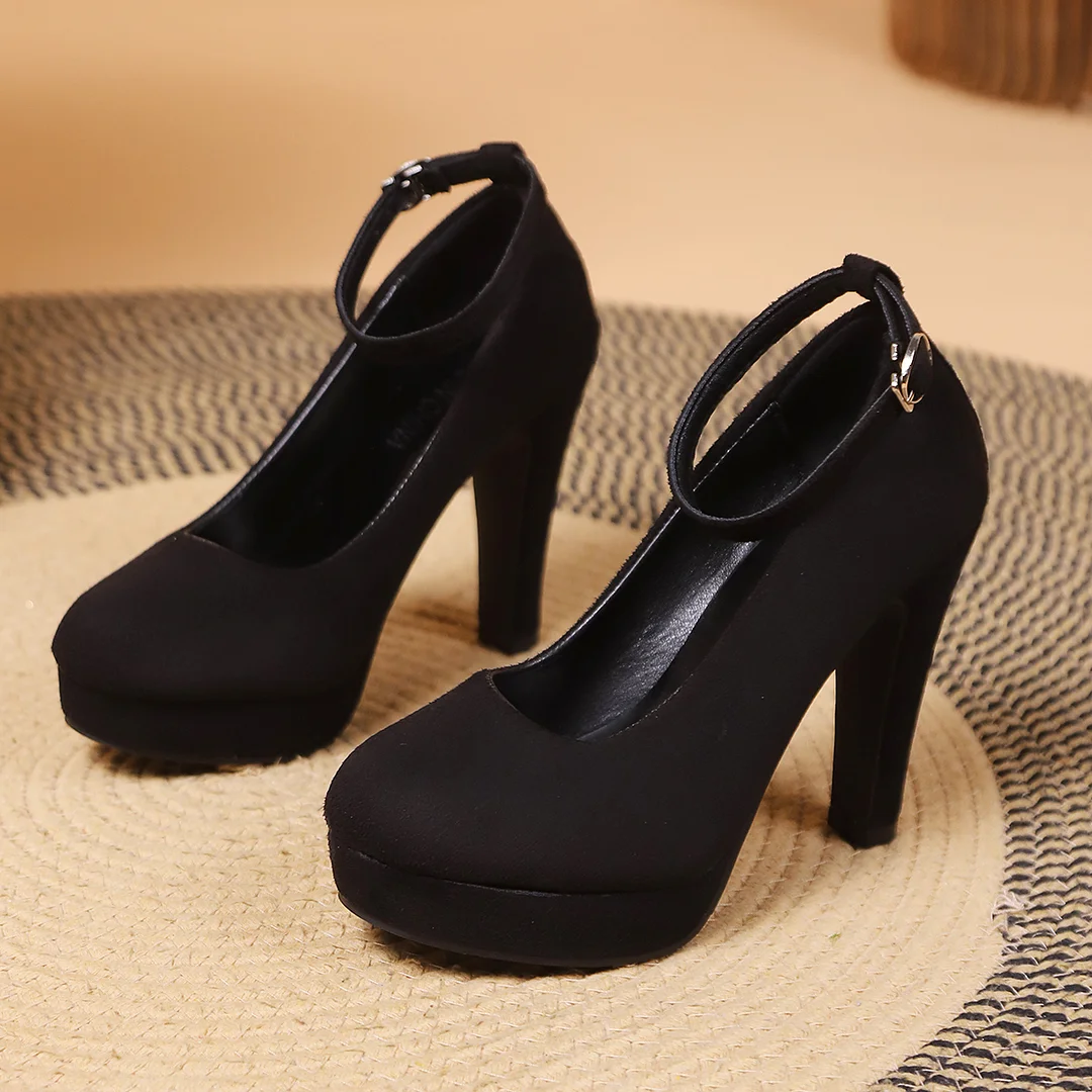 Zhungei Velvet Round Head High Heels Waterproof Platform Fashion Buckle Women's Shoes Black Sexy Big Size 42 Shoes for Women 2023