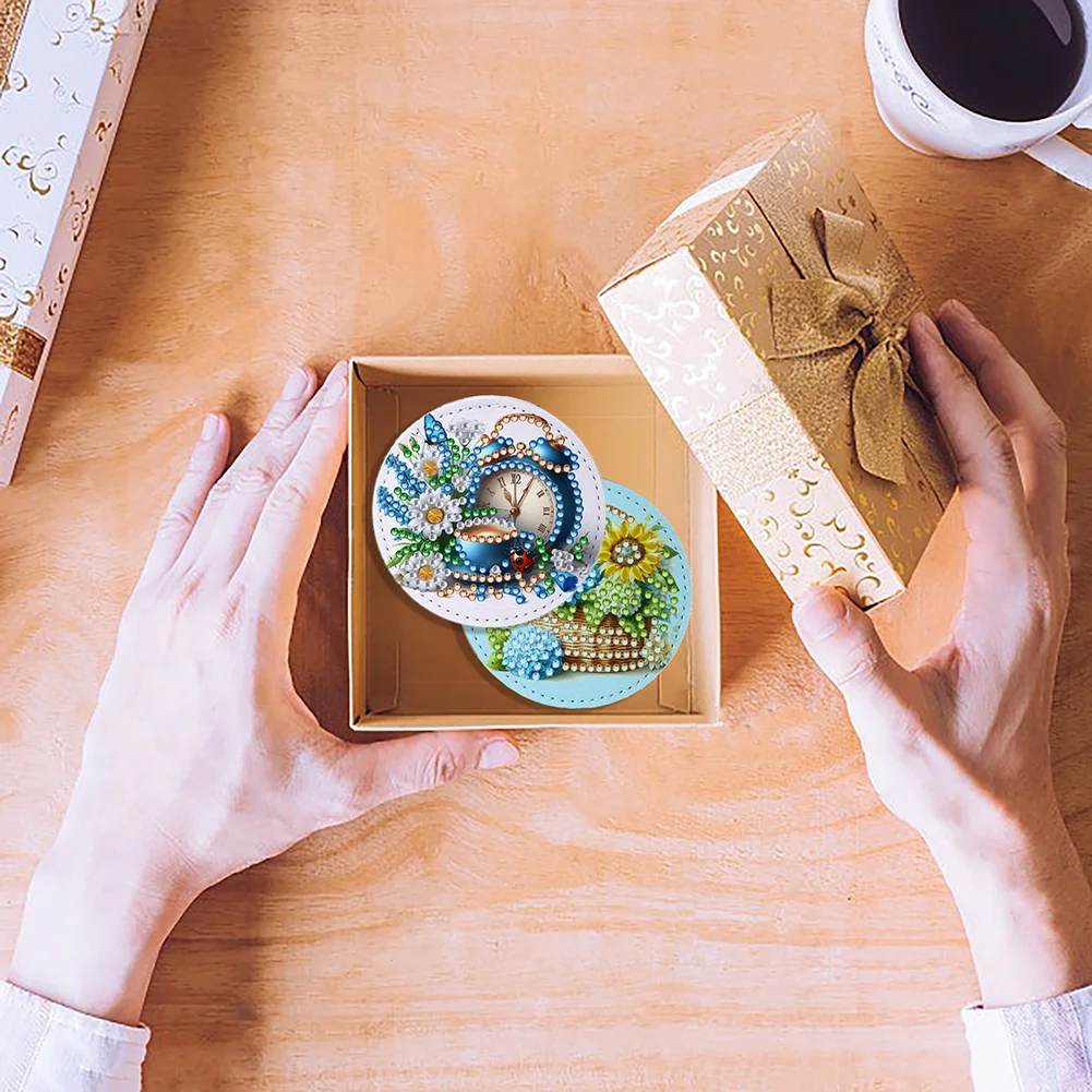 DIY Diamond Art Portable Cosmetic Mirror Round Diamond Painting Crafts (Coffee)