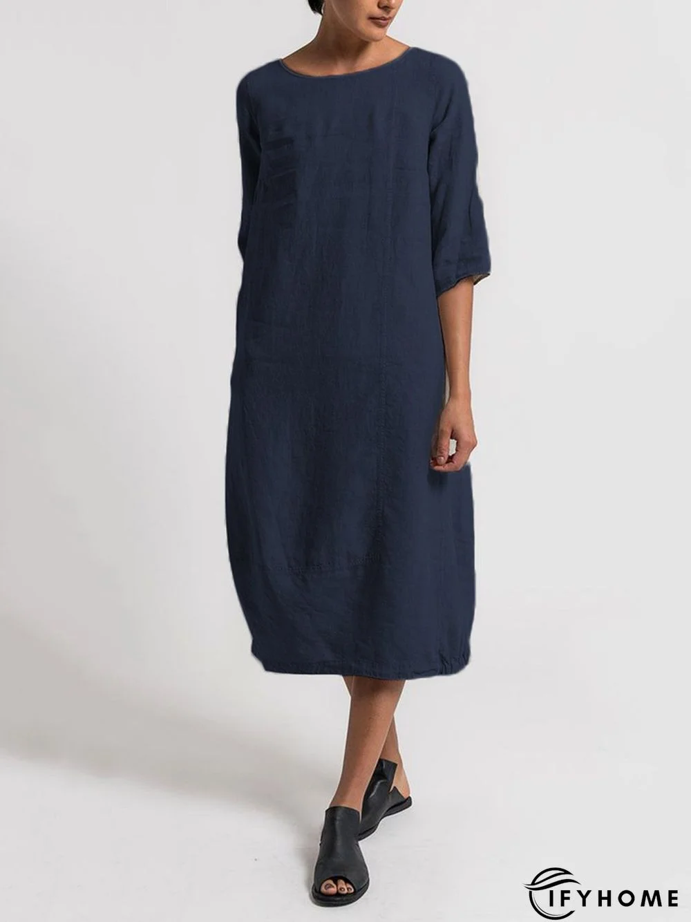 Crew Neck 3/4 Sleeve Casual Solid Casualdress | IFYHOME