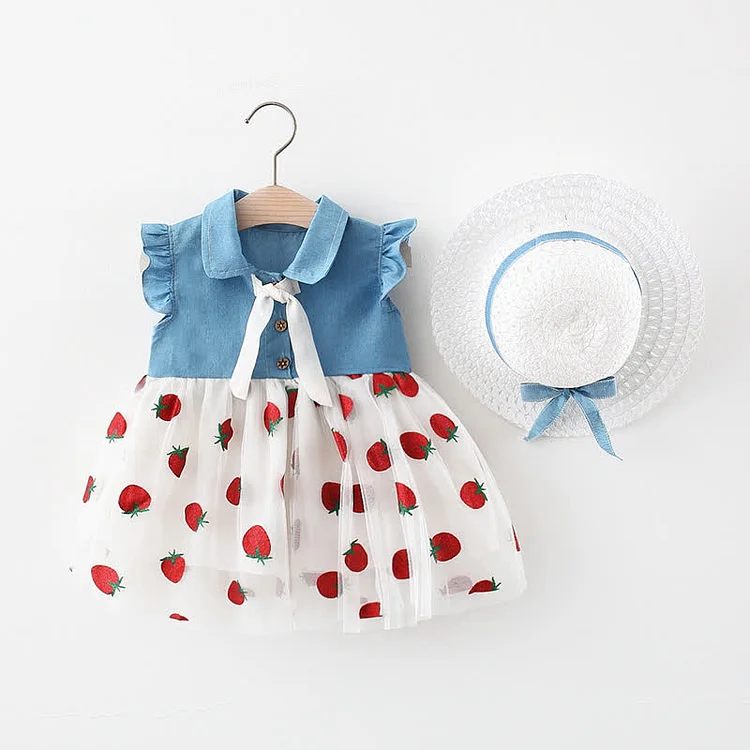 Baby Strawberry Sleeveless Dress with Straw Hat