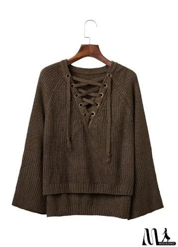 MidiSono - V Neck Solid Color Long Sleeve Knit Sweater