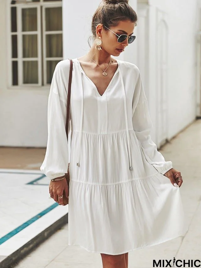 Long-Sleeved Strappy Loose Dress White Dresses