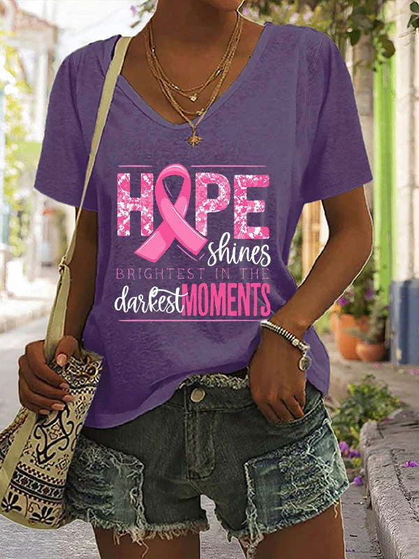 Hope Shines Pink Ribbon V-neck Short Sleeve T-shirt socialshop