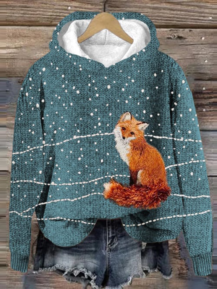 Comstylish Snow Fox Print Print Cozy Knit Hooded Sweater