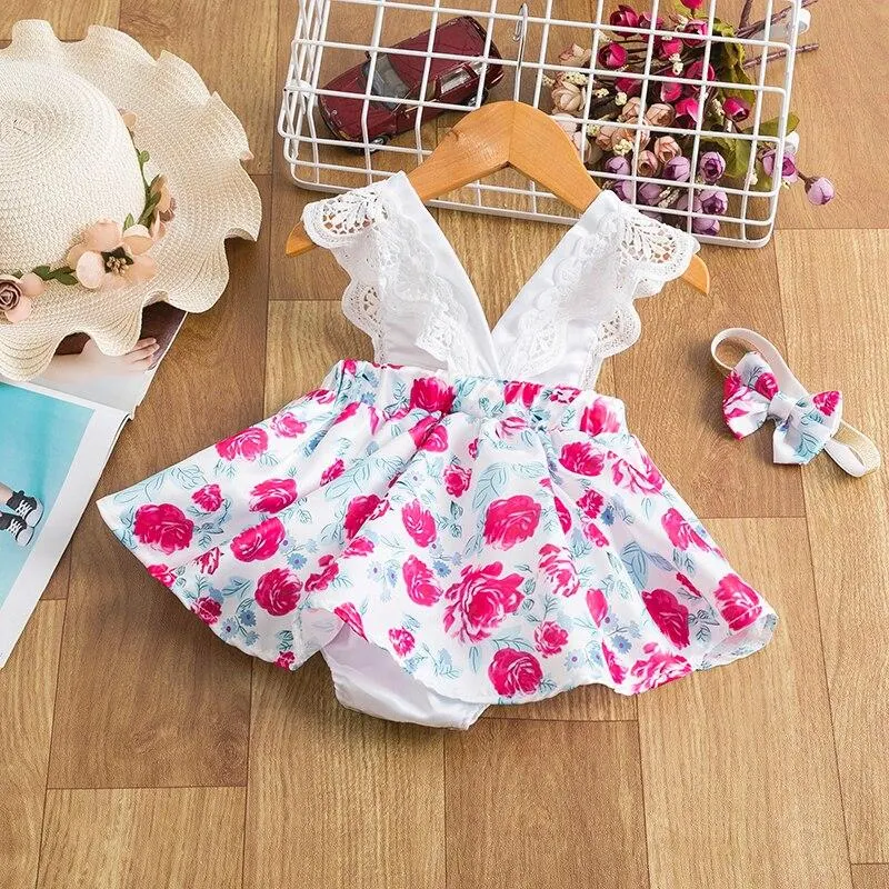 Infant Baby Girls Floral Clothes Set Summer Lace Rose Print Jumpsuit+Headband Backless Sunsuit Cute Newborn Ruffle Baby Romper