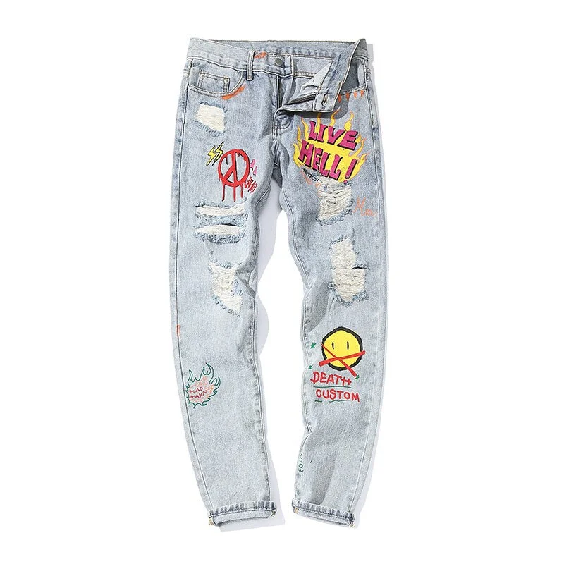 High Street Hole Retro Graffiti Black Skull Jeans Men's Original Straight Slim Punk Pants Calca Masculina Denim Trousers