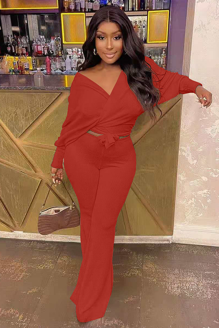 Solid Color V Neck Batwing Sleeve Tie Up Top Pants Matching Set-Red