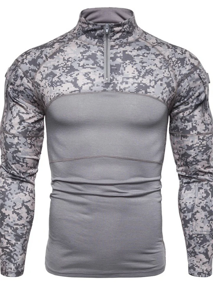 Men's Military Battlefield Outdoor Fitness Camouflage Quick Dry Long-sleeved Zipper Pocket T-shirt Elastic Slim Type Stand-up Collar Top