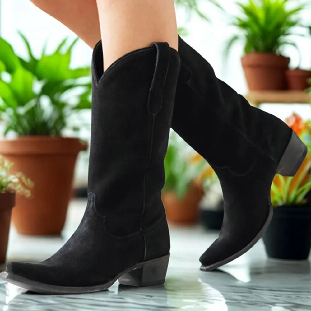Black Vegan Suede Snip Toe Chunky Heel Pull On Cowgirl Boots