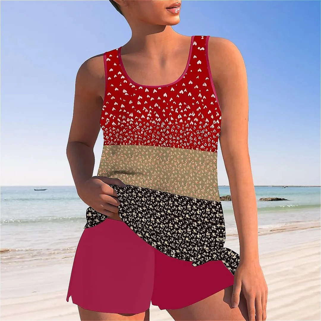 Bowknot Floral,Heart,Red,Light Coffe,Navy,Stitch Mid Waisted Tankini Set - Plus Size Available