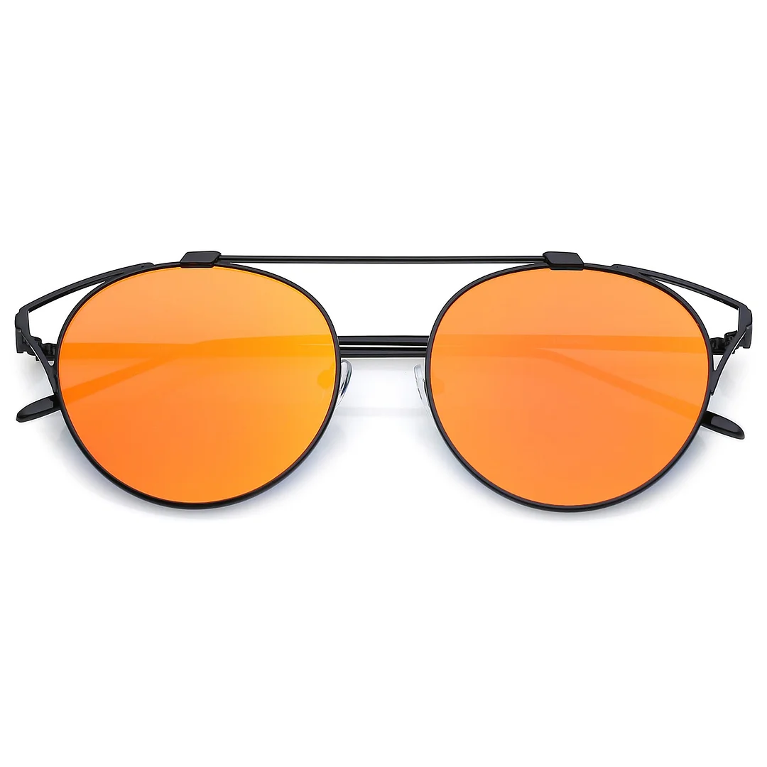 Modern Metal Cutout Cat Eye glasses With Crossbar Round Mirrored Flat Lens 55mm