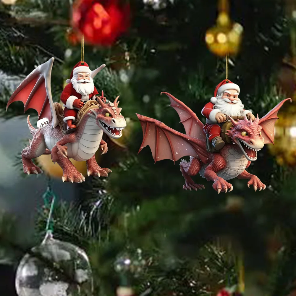 2 PCS Acrylic Santa Flying Dragon 2D Flat Christmas Tree Car Hangings Ornament
