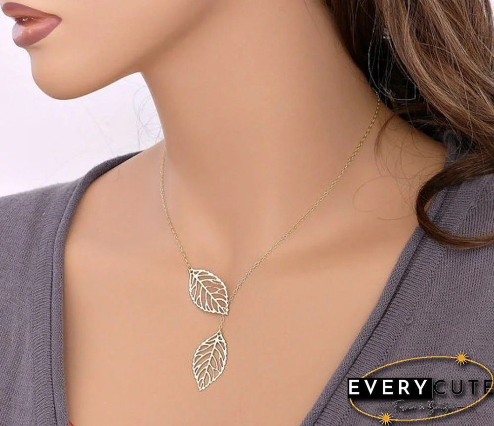 2 in 1 Set Leaves Necklace and Earings Fashion Women Jewelry Set Forest Style Double Leaves Silver Necklace