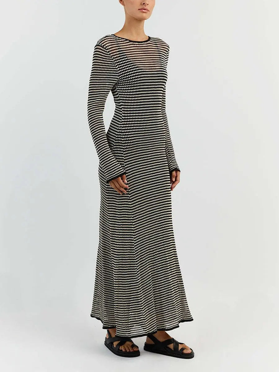 Round Neck Long Sleeve Striped Maxi Dress