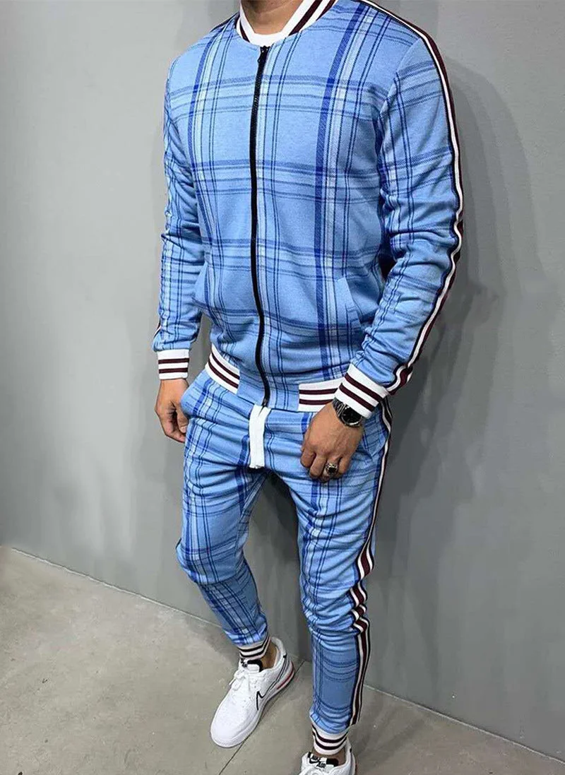 Men's Plaid Cardigan Jacket Trousers Sports Suit