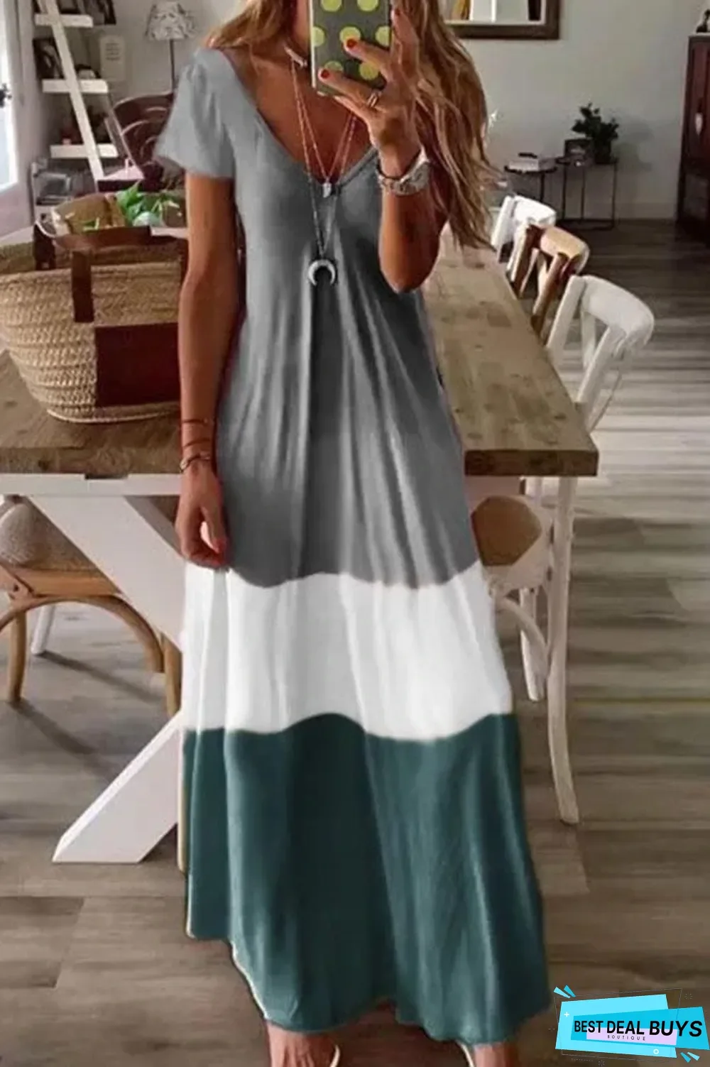 Color-Block V-Neck Short Sleeves A-Line Holiday Maxi Dress