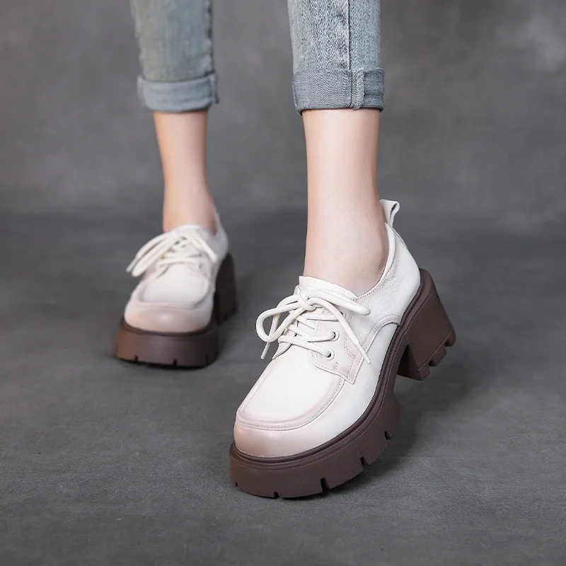 Yyvonne Single Shoe Thick Sole High Heel Year New Leather English Wind Small Leather Shoes Pedalle Shoes