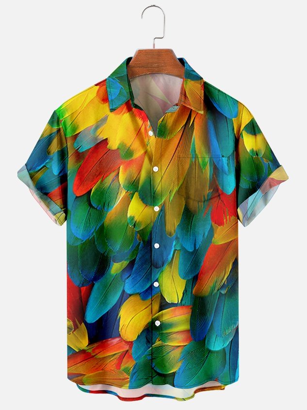 Mens Parrot Feather Print Casual Breathable Chest Pocket Short Sleeve Hawaiian Shirts