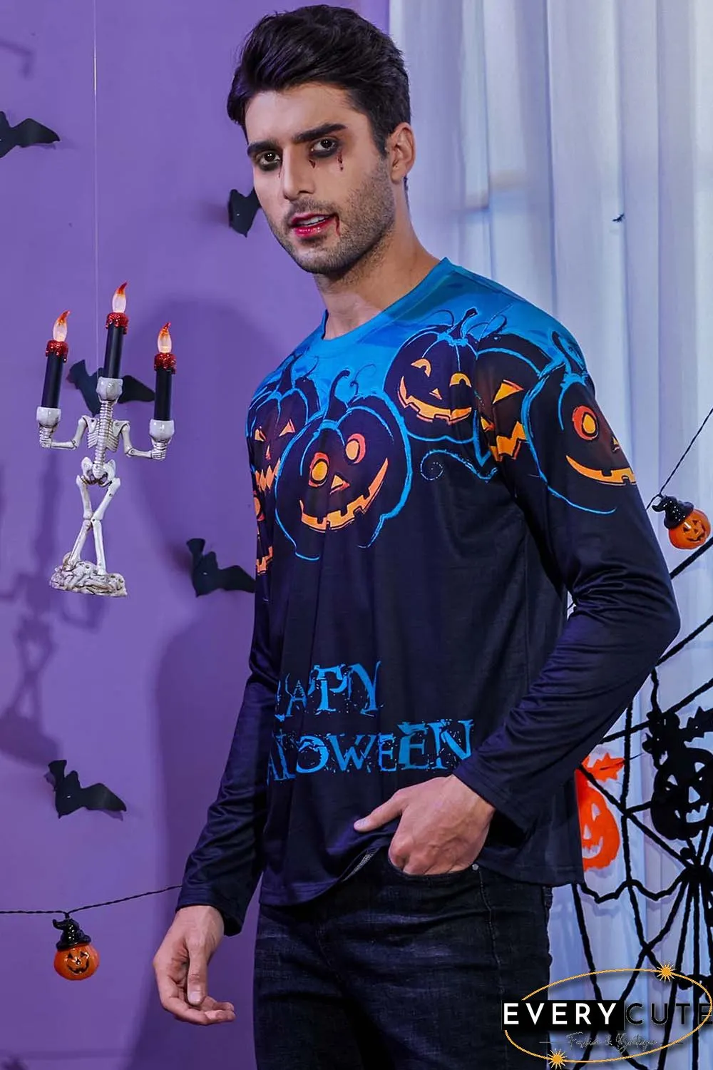 Men's 3D Halloween Pumpkin Print Knit Long Sleeve T-Shirt