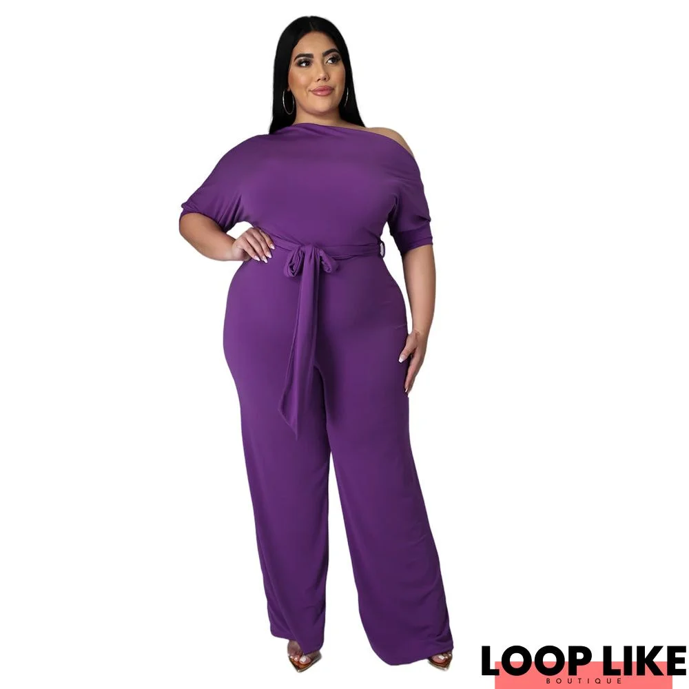 Fashion Plus Size Women Solid Color Knitting Lace-up Shoulder Flared Jumpsuit