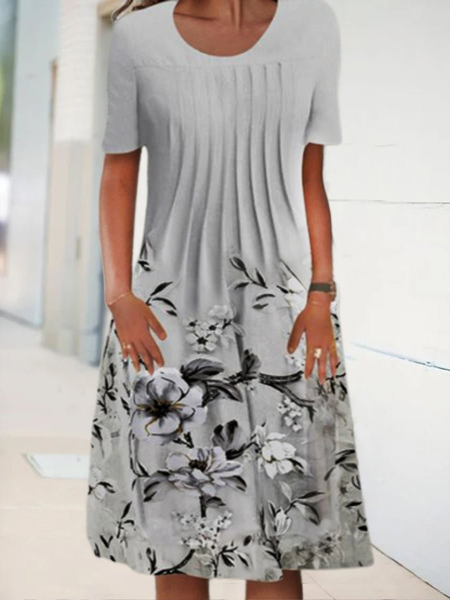 Women Short Sleeve Round Neck Floral Printed Gray Midi Dress with Pockets