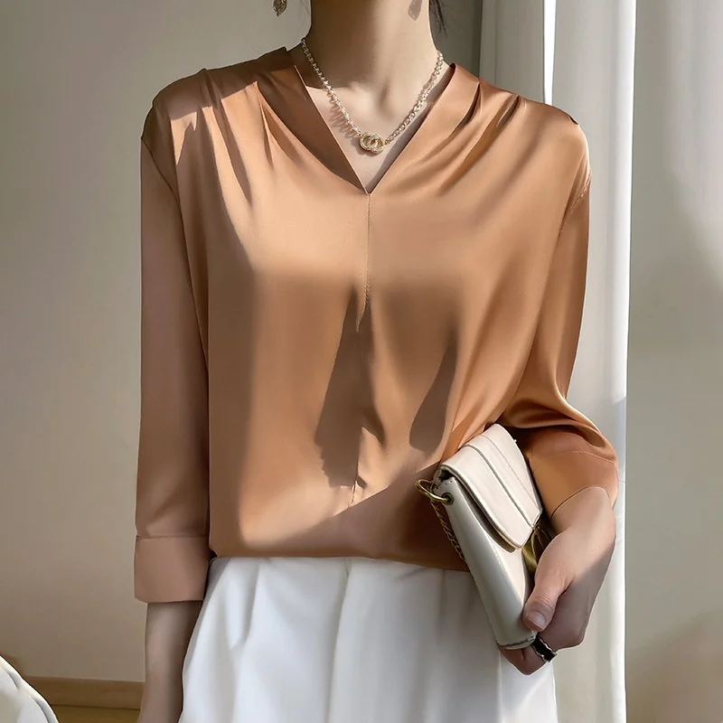 Churchf Churchf 2023 Summer Women's New Satin Shirt V-Neck Simple Nine-Minute Sleeve Temperament Versatile French Jacket