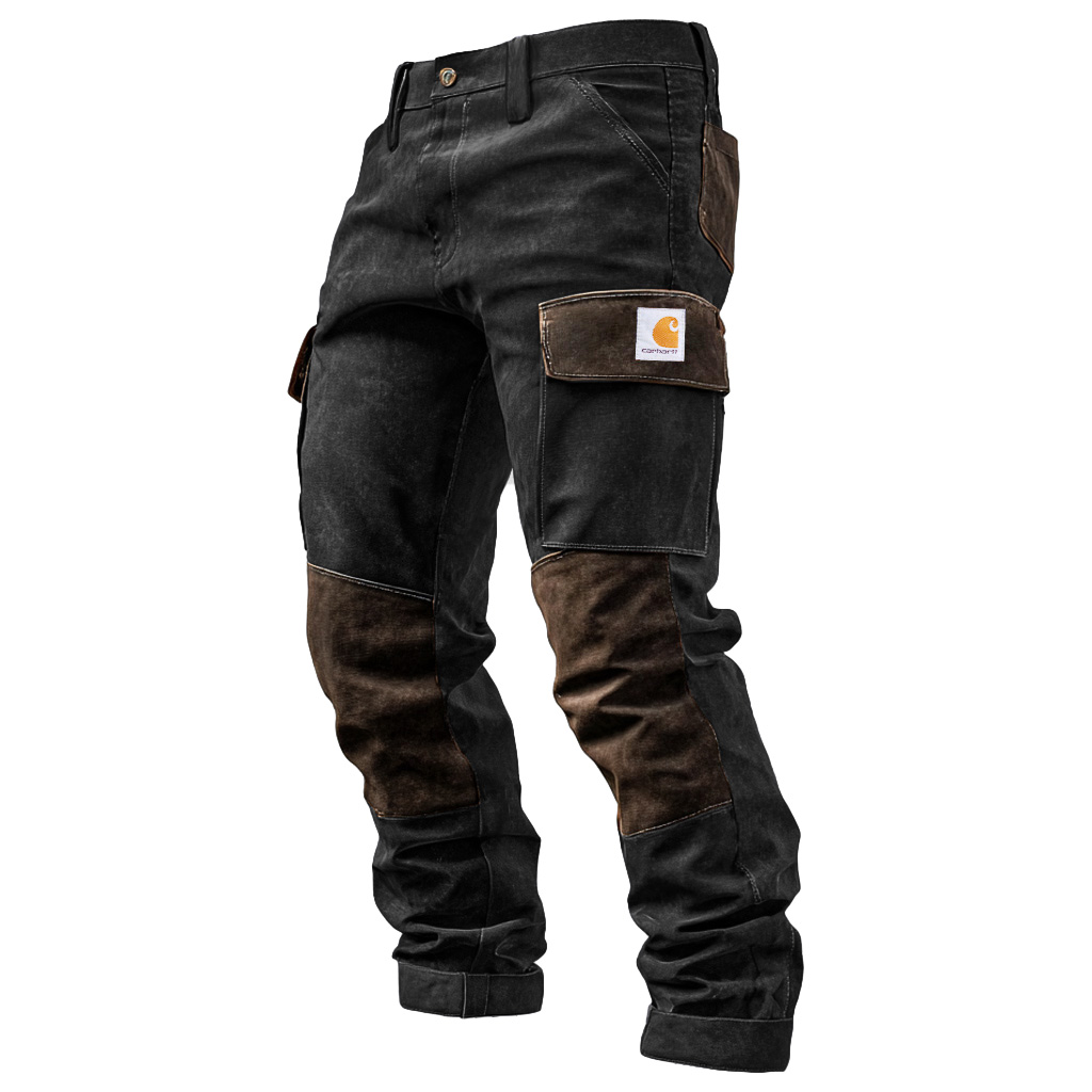 Men's Vintage Brown Suede Contrast Work Pants With Reinforced Knees